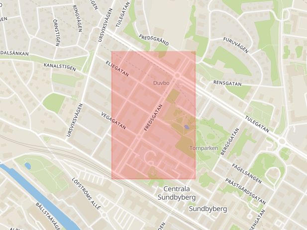 Karta som med röd fyrkant ramar in Fredsgatan, Sundbyberg, Stockholms län