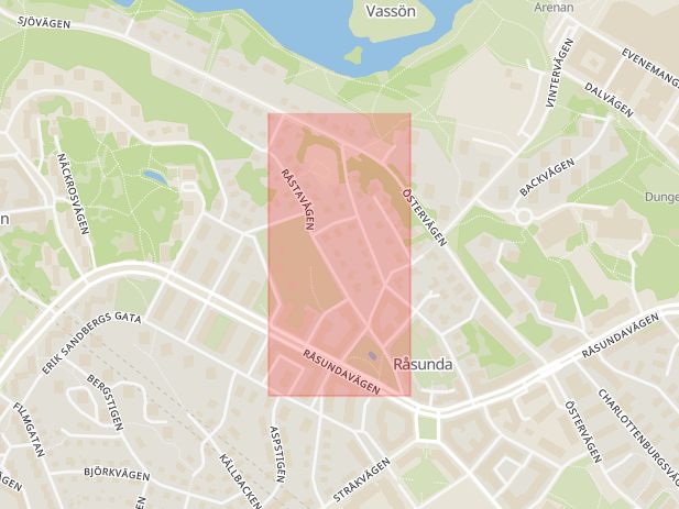 Karta som med röd fyrkant ramar in Råsunda, Råstavägen, Solna, Stockholms län