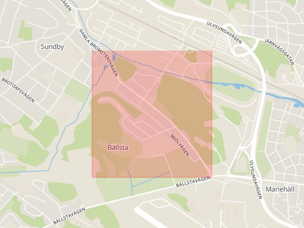 Karta som med röd fyrkant ramar in Bällsta, Gamla Bromstensvägen, Stockholm, Stockholms län
