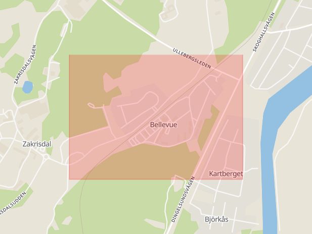 Karta som med röd fyrkant ramar in Bellevue, Karlstad, Värmlands län