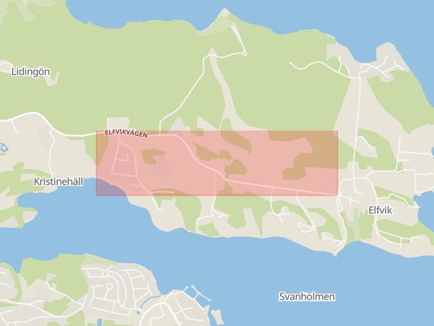 Karta som med röd fyrkant ramar in Elfvik, Elfviksvägen, Lidingö, Stockholms län
