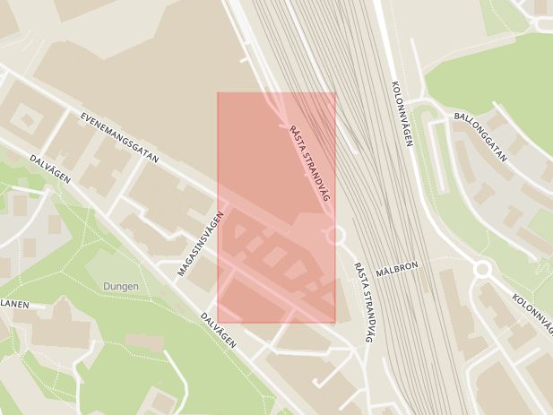 Karta som med röd fyrkant ramar in Mall Of Scandinavia, Evenemangsgatan, Solna
