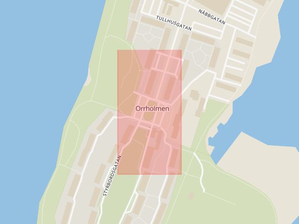 Karta som med röd fyrkant ramar in Orrholmsplan, Karlstad, Värmlands län