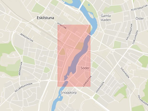 Karta som med röd fyrkant ramar in Södermanland, Kyrkogatan, Eskilstuna, Krongatan, Södermanlands län