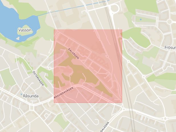 Karta som med röd fyrkant ramar in Dalvägen, Råsunda, Solna, Stockholms län