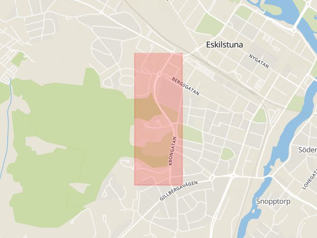 Karta som med röd fyrkant ramar in Krongatan, Eskilstuna, Södermanlands län