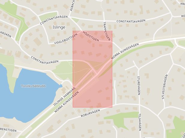 Karta som med röd fyrkant ramar in Constantiavägen, Islinge Hamnväg, Lidingö, Stockholms län
