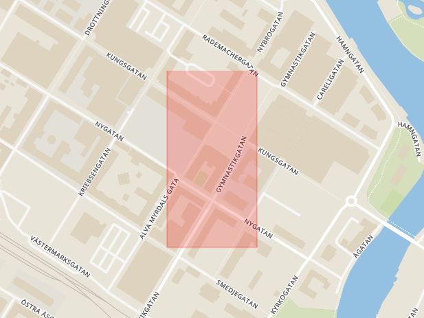 Karta som med röd fyrkant ramar in Fristadstorget, Stadshuset, Eskilstuna, Södermanlands län