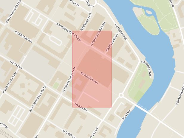 Karta som med röd fyrkant ramar in Kungsgatan, Rademachergatan, Eskilstuna, Södermanlands län