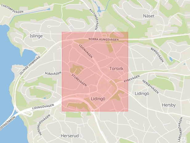 Karta som med röd fyrkant ramar in Torsvik, Lejonvägen, Lidingö, Stockholms län