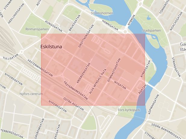 Karta som med röd fyrkant ramar in Nygatan, Eskilstuna, Södermanlands län