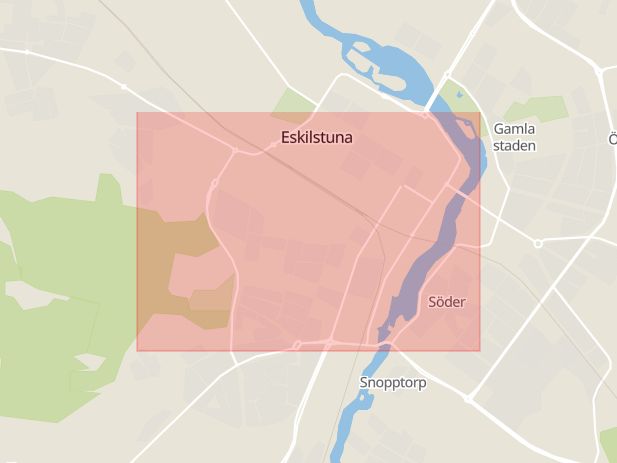 Karta som med röd fyrkant ramar in Eskilstuna, Nyfors, Katrineholm, Prinsgatan, Södermanlands län