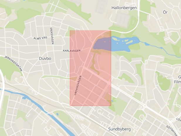 Karta som med röd fyrkant ramar in Duvbo, Ursviksvägen, Sundbyberg, Stockholms län