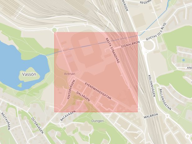 Karta som med röd fyrkant ramar in Gångvägen, Evenemangsgatan, Solna, Stockholms län