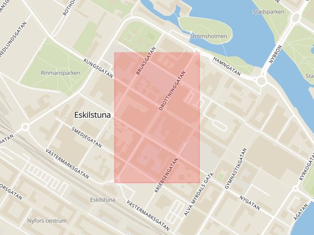 Karta som med röd fyrkant ramar in Nyfors, Drottninggatan, Eskilstuna, Södermanlands län