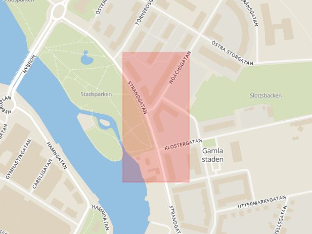 Karta som med röd fyrkant ramar in Strandgatan, Västergatan, Eskilstuna, Södermanlands län