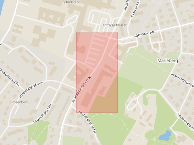 Karta som med röd fyrkant ramar in Sommarro, Hellbergsvägen, Mariebergsskolan, Karlstad, Värmlands län