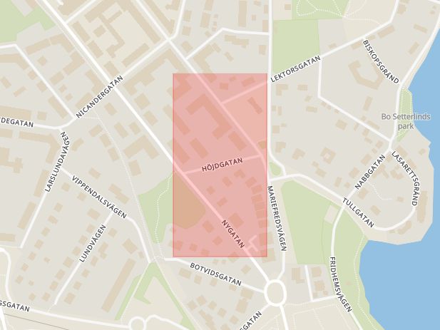 Karta som med röd fyrkant ramar in Höjdgatan, Strängnäs, Södermanlands län