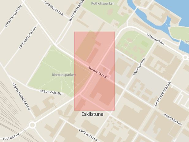 Karta som med röd fyrkant ramar in Tullgatan, Kungsgatan, Eskilstuna, Södermanlands län