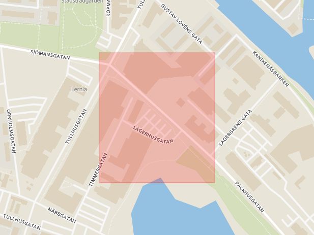 Karta som med röd fyrkant ramar in Packhusgatan, Vassen, Karlstad, Värmlands län