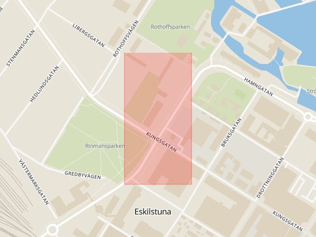 Karta som med röd fyrkant ramar in Tullgatan, Västermarksgatan, Eskilstuna, Södermanlands län