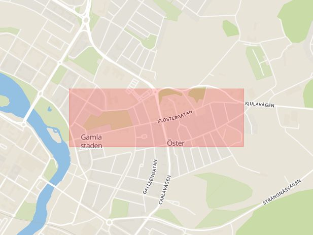 Karta som med röd fyrkant ramar in Södermanland, Björkhultsvägen, Eskilstuna, Klostergatan, Södermanlands län