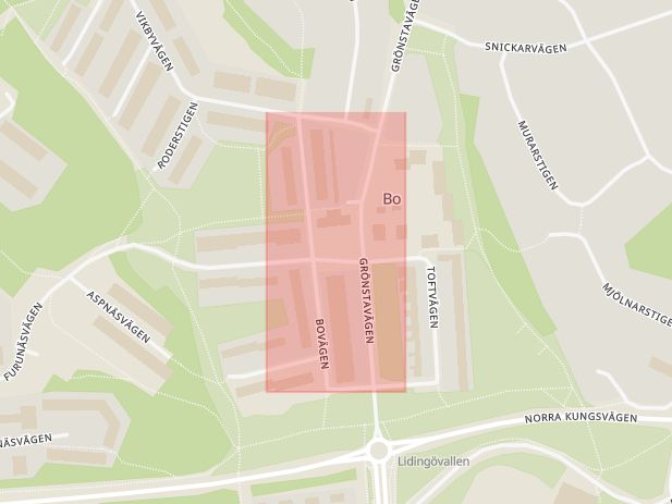 Karta som med röd fyrkant ramar in Näset, Bovägen, Lidingö, Stockholms län