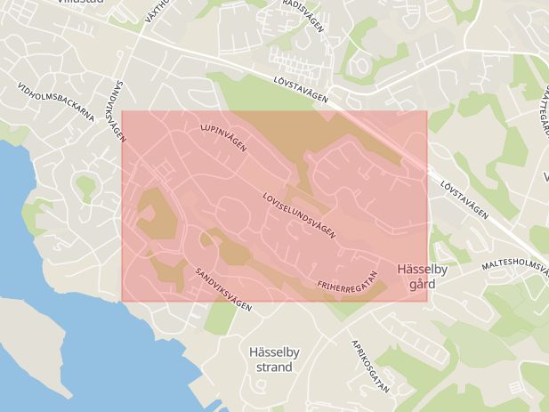 Karta som med röd fyrkant ramar in Hässelby Gård, Loviselundsvägen, Stockholm, Stockholms län
