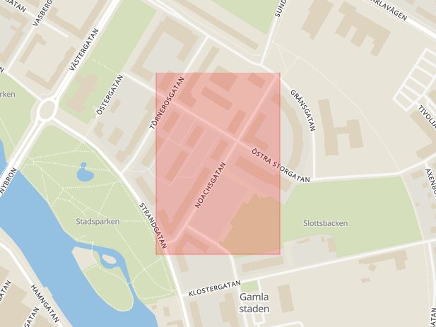 Karta som med röd fyrkant ramar in Noachsgatan, Eskilstuna, Södermanlands län