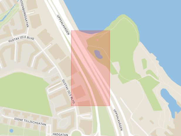 Karta som med röd fyrkant ramar in Trafikplats Järva Krog, Stora Essingen, Stockholm, Stockholms län