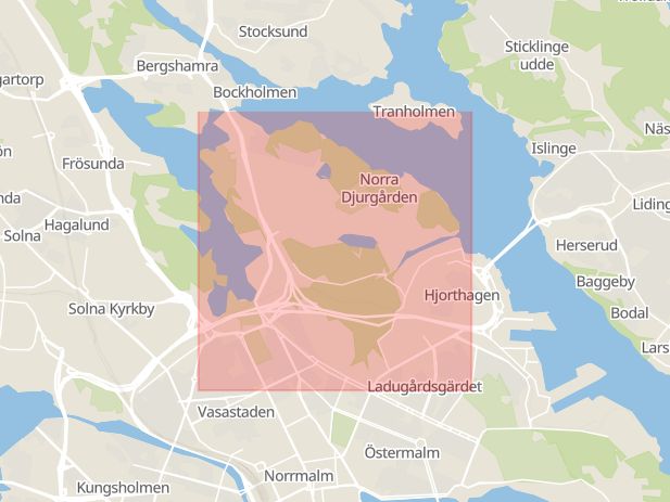 Karta som visar ungefär var händelsen Våldtäkt: Man greps misstänkt för våldtäkt som skett utomhus på Norra Djurgården. inträffat