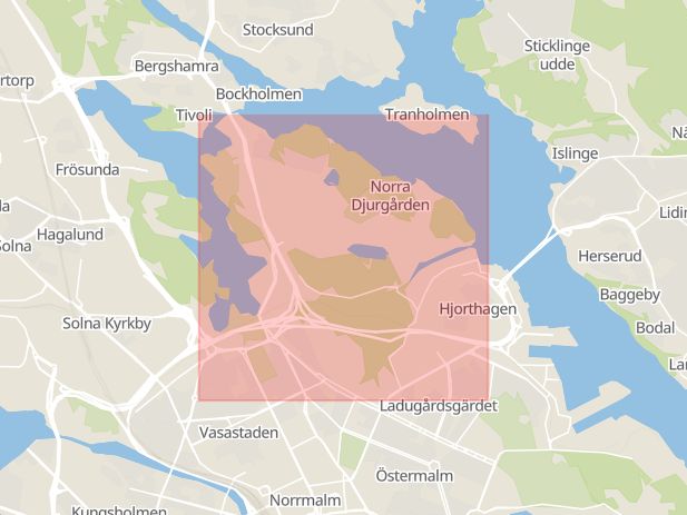 Karta som med röd fyrkant ramar in Norra Djurgården, Stockholm, Stockholms län