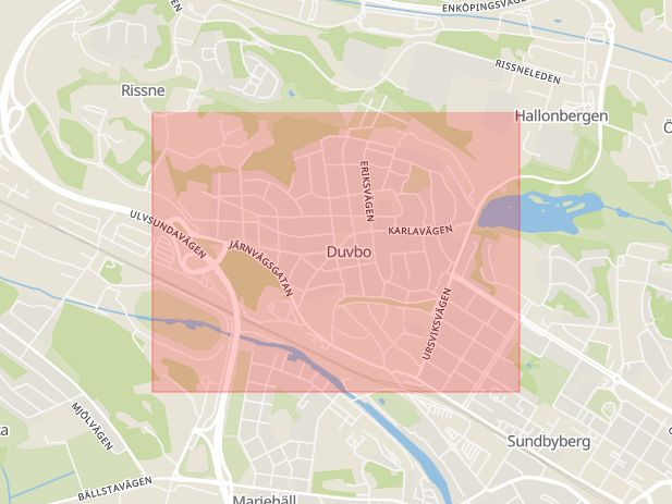 Karta som med röd fyrkant ramar in Duvbo, Sundbyberg, Stockholms län