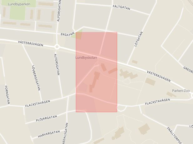 Karta som med röd fyrkant ramar in Lundbyskolan, Eskilstuna, Södermanlands län