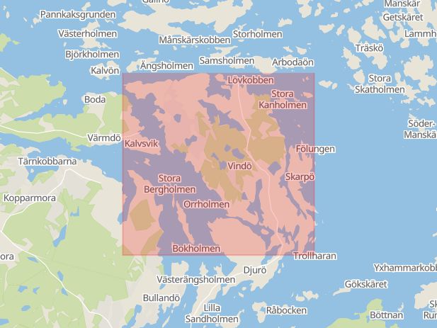 Karta som med röd fyrkant ramar in Vindö, Stockholms län