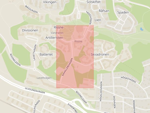 Karta som med röd fyrkant ramar in Rissne, Kavallerivägen, Sundbyberg, Stockholms län