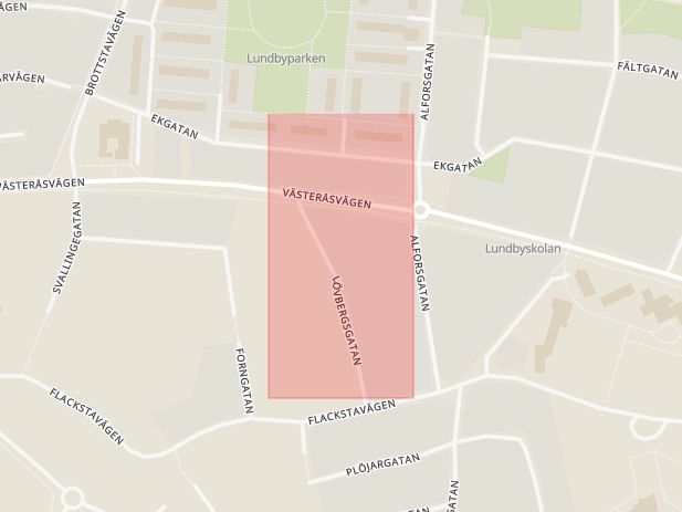 Karta som med röd fyrkant ramar in Västeråsvägen, Lundby, Eskilstuna, Södermanlands län