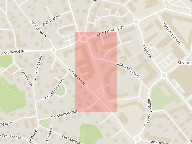 Karta som med röd fyrkant ramar in Kristinavägen, Kristinagatan, Strängnäs, Södermanlands län