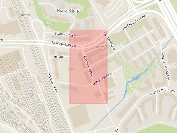Karta som med röd fyrkant ramar in Mäster Simons Väg, Ritorpsvägen, Solna, Stockholms län