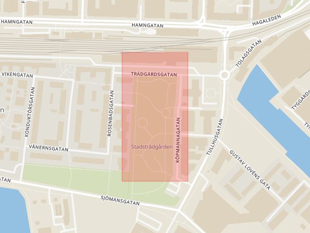 Karta som med röd fyrkant ramar in Stadsträdgården, Karlstad, Värmlands län