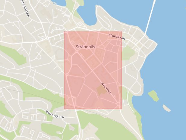 Karta som med röd fyrkant ramar in Nygatan, Strängnäs, Södermanlands län