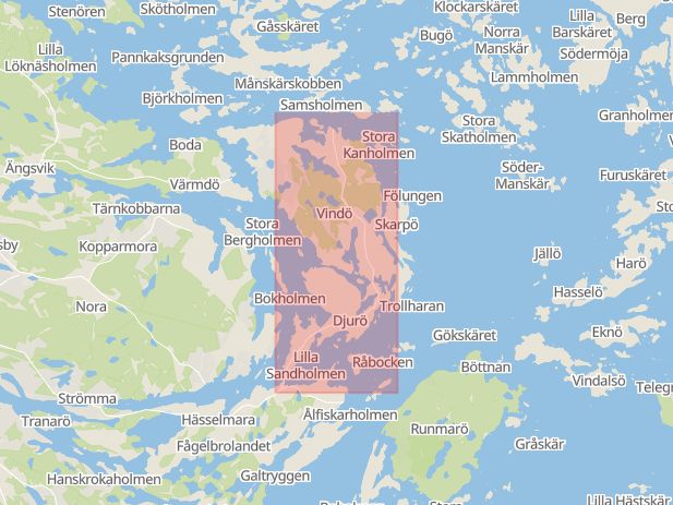 Karta som med röd fyrkant ramar in Sollenkrokavägen, Skeppsdalsström, Värmdö, Stockholms län