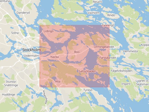 Karta som med röd fyrkant ramar in Henriksdal, Kvarnholmsvägen, Nacka, Stockholms län
