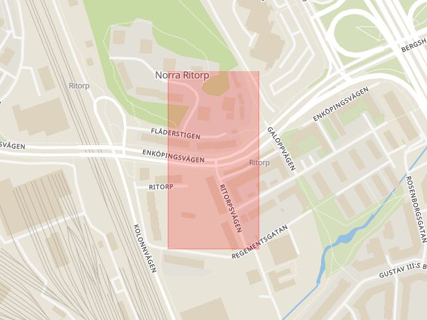 Karta som med röd fyrkant ramar in Enköpingsvägen, Ritorpsvägen, Solna, Stockholms län