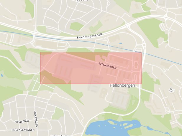 Karta som med röd fyrkant ramar in Hallonbergen, Rissneleden, Sundbyberg, Stockholms län