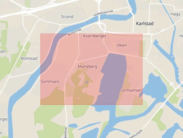 Karta som med röd fyrkant ramar in Marieberg, Karlstad, Värmlands län