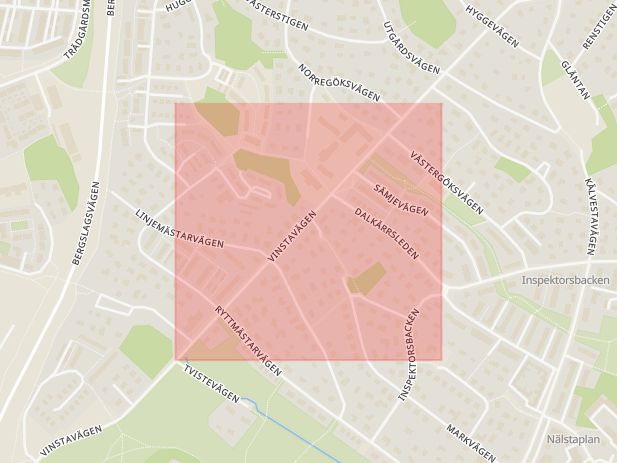Karta som med röd fyrkant ramar in Vinstavägen, Nälsta, Stockholm, Stockholms län