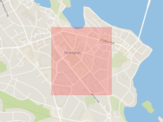 Karta som med röd fyrkant ramar in Trädgårdsgatan, Nicandergatan, Nygatan, Strängnäs, Södermanlands län