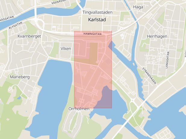Karta som med röd fyrkant ramar in Tullhusgatan, Orrholmen, Karlstad, Värmlands län