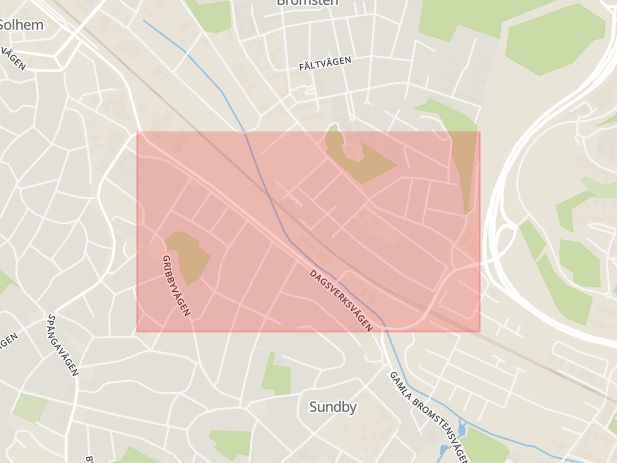 Karta som med röd fyrkant ramar in Sundby, Bromstensvägen, Stockholm, Stockholms län